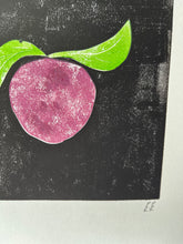 Load image into Gallery viewer, A white piece of paper with a black background and purple plum printed on it
