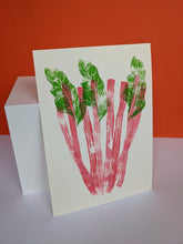 Load image into Gallery viewer, Colourful Rhubarb Print on an orange background
