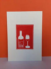 Load image into Gallery viewer, Red wine lino print on an orange background