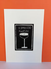 Load image into Gallery viewer, Black and white espresso martini cocktail print on an orange background