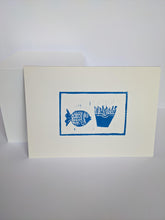 Load image into Gallery viewer, Blue fish and chips print on a white background