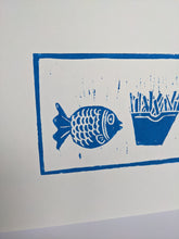 Load image into Gallery viewer, Close up of blue fish and chips