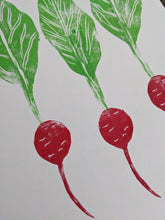 Load image into Gallery viewer, A white print with three pink radish printed on it