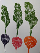 Load image into Gallery viewer, A print with three beetroot in purple, pink and orange with green leaves