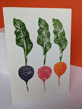 Load image into Gallery viewer, A print with three beetroot in purple, pink and orange with green leaves
