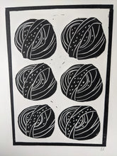 Load image into Gallery viewer, A close up of a black and white print of six cinnamon buns