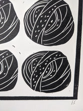 Load image into Gallery viewer, A close up of a black and white print of six cinnamon buns