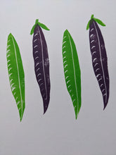 Load image into Gallery viewer, A close up of two green pea pods and two purple pea pods print