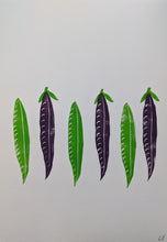 Load image into Gallery viewer, A close up of three green pea pods and three purple pea pods print