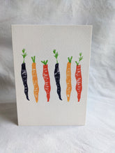 Load image into Gallery viewer, A white card with colourful carrots printed on the front