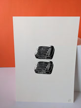 Load image into Gallery viewer, A white print with two tins of black sardines set against an orange background