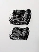 Load image into Gallery viewer, A white print with two tins on black sardines printed on it