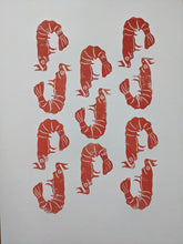 Load image into Gallery viewer, A white piece of paper with 11 peach coloured shrimps stamped on
