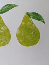 Load image into Gallery viewer, A white piece of paper with green green pears printed onto it