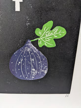 Load image into Gallery viewer, A close up of a print of a purple fig and green fig leaf
