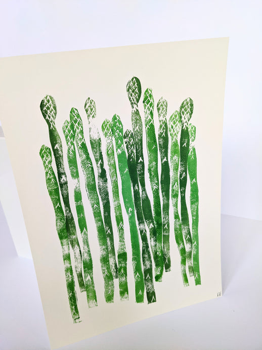 Green asparagus spears lino print - hand printed original