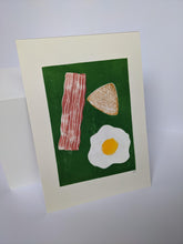 Load image into Gallery viewer, A Full English print in green with a fried egg, bacon and hash brown
