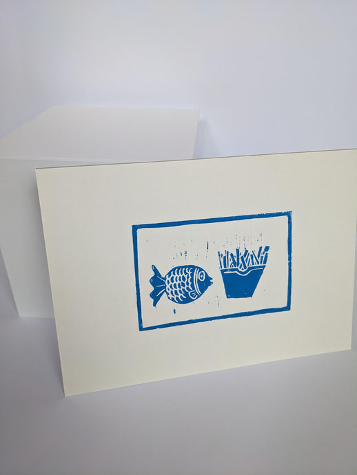 Blue fish and chips print on a white background