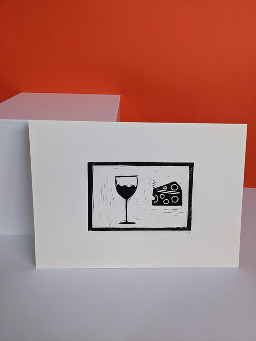 Cheese and wine print on an orange background
