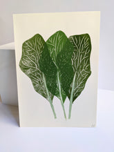 Load image into Gallery viewer, A print of three green leaves against a white background
