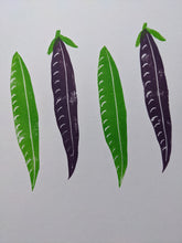 Load image into Gallery viewer, A close up of two green pea pods and two purple pea pods print
