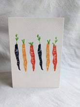 Load image into Gallery viewer, A white card with colourful carrots printed on the front

