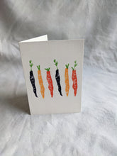 Load image into Gallery viewer, A white card with colourful carrots printed on the front
