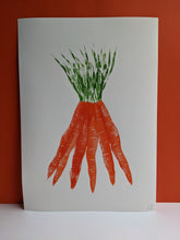 Load image into Gallery viewer, A print of six orange carrots with green tops
