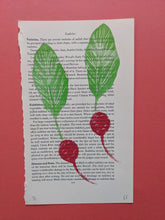 Load image into Gallery viewer, Two pink radish printed onto old book paper
