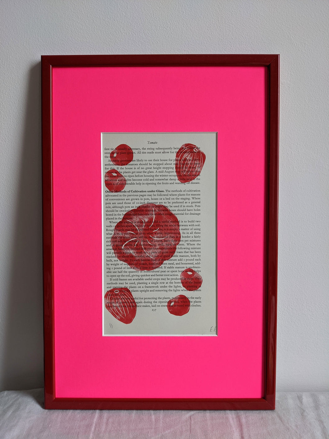 A pink frame with a tomato print inside