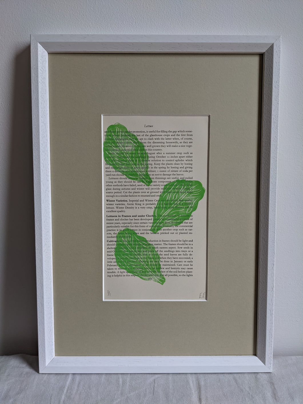 A white frame filled with a green lettuce print
