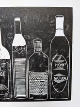 Load image into Gallery viewer, A black print of wine bottles on white paper
