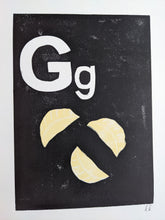 Load image into Gallery viewer, A black print with the letter G and three gyoza dumplings

