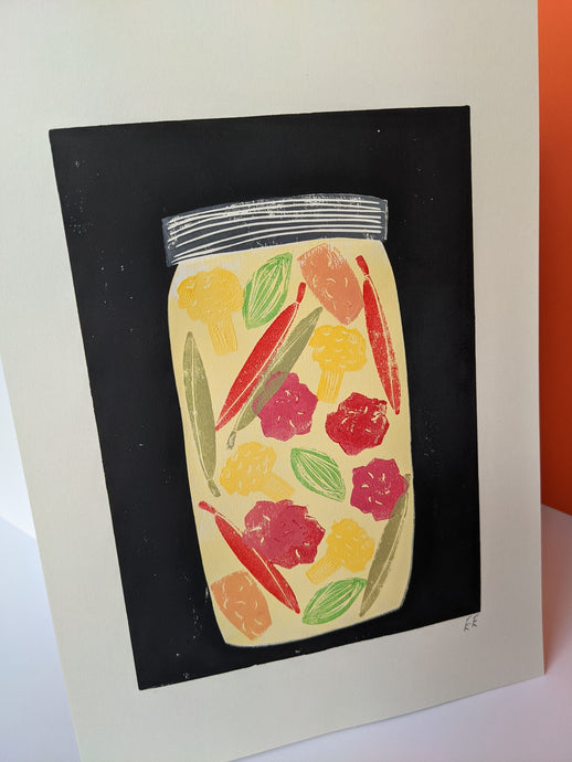 Pickles, ferments and funky veg lino print